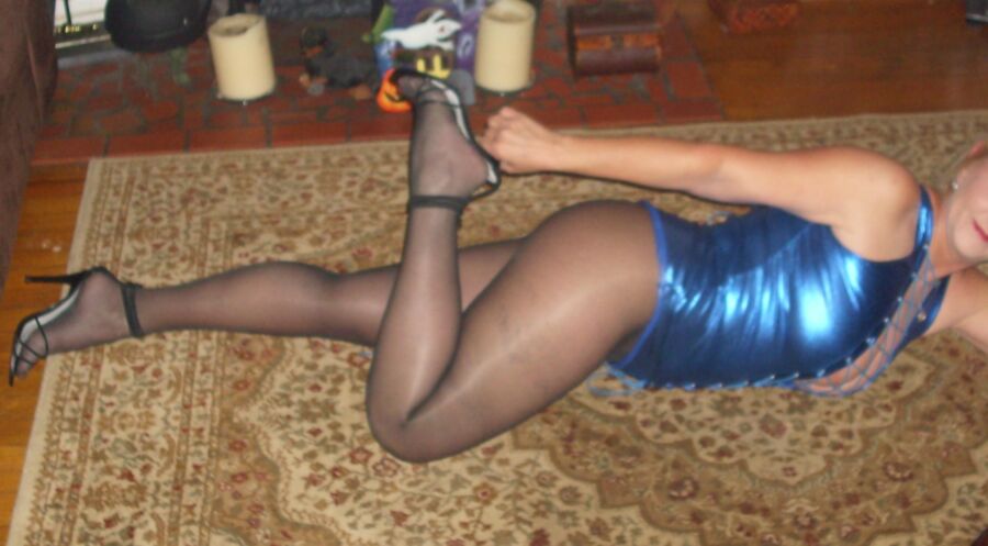 more of wife in blue dress black pantyhose