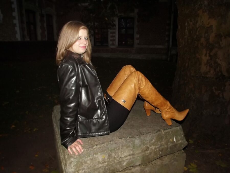 French teen Sandy in brown overknees