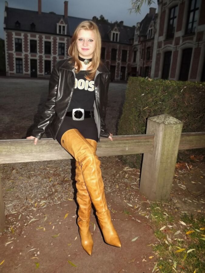 French teen Sandy in brown overknees