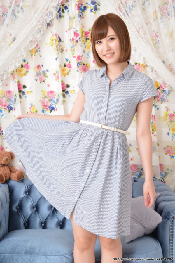 Maya Misaki - light blue panties under blue striped dress