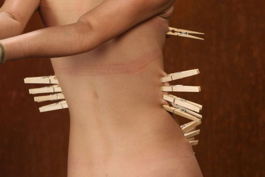 Amai Liu tied and hair pulled - clothespin torture