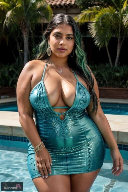 Chubby Native American cutie gets her pool party started with bi