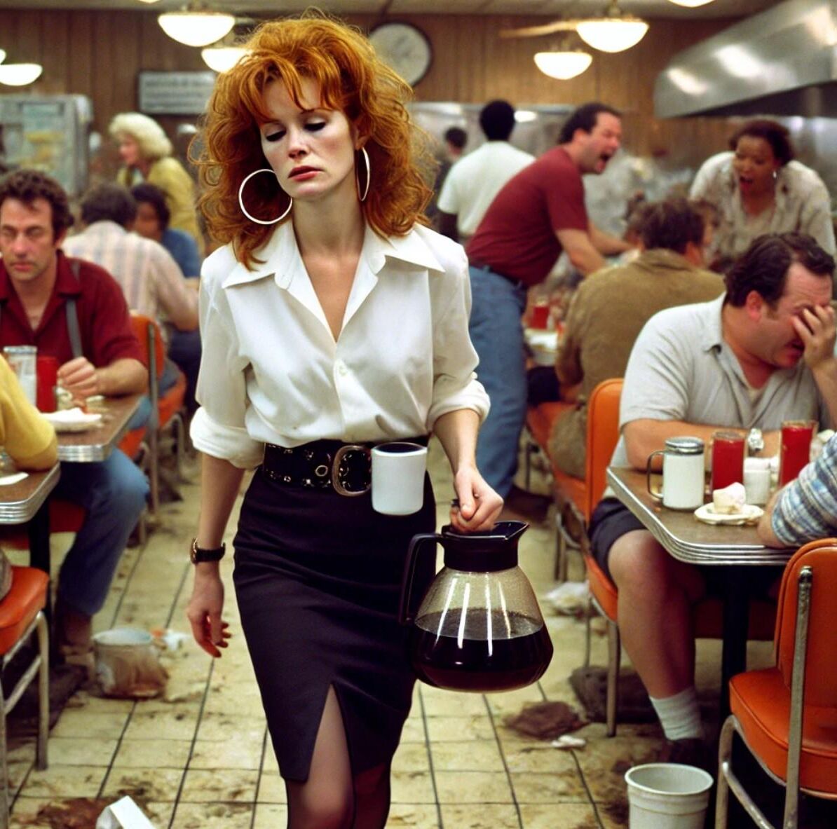 Redhead waitress at roadside diner (AI)