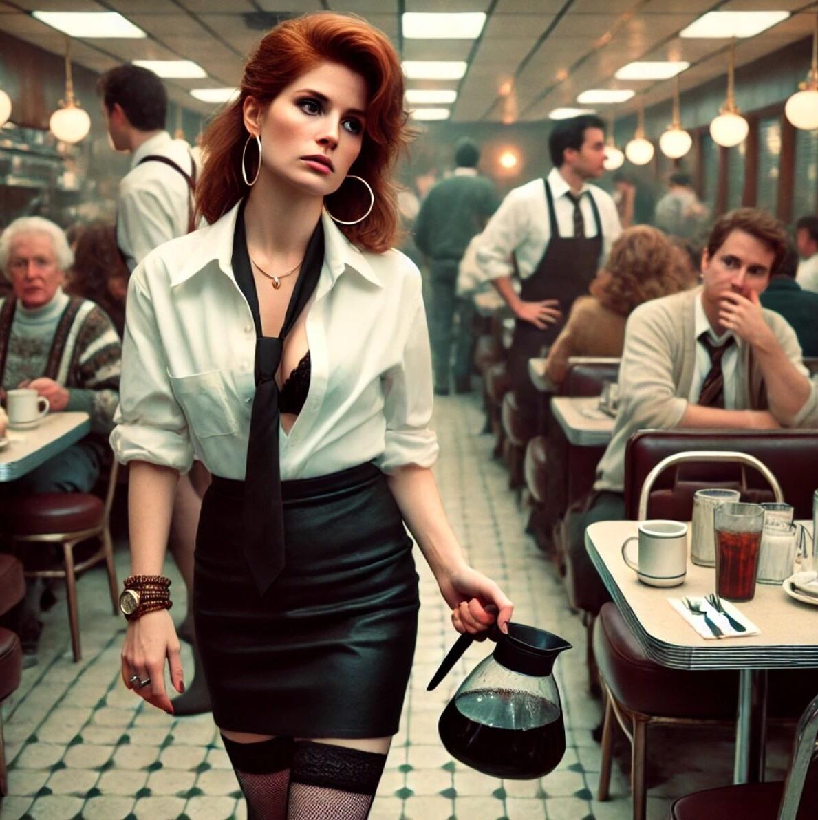 Redhead waitress at roadside diner (AI)