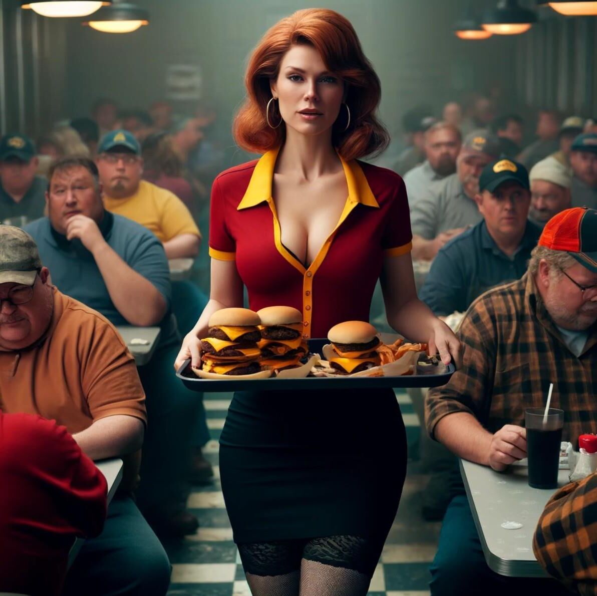 Redhead waitress at roadside diner (AI)