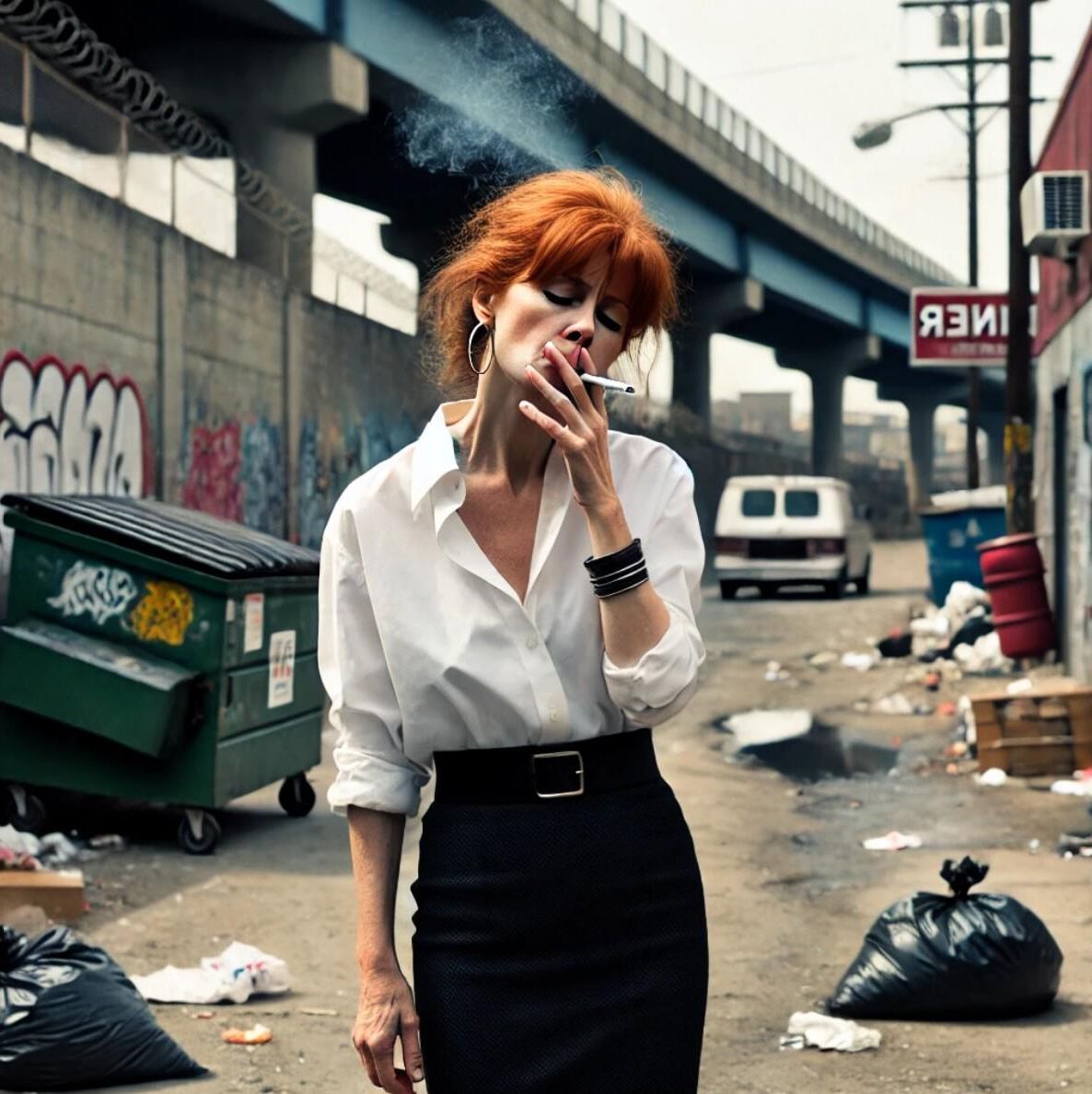 Redhead waitress at roadside diner (AI)