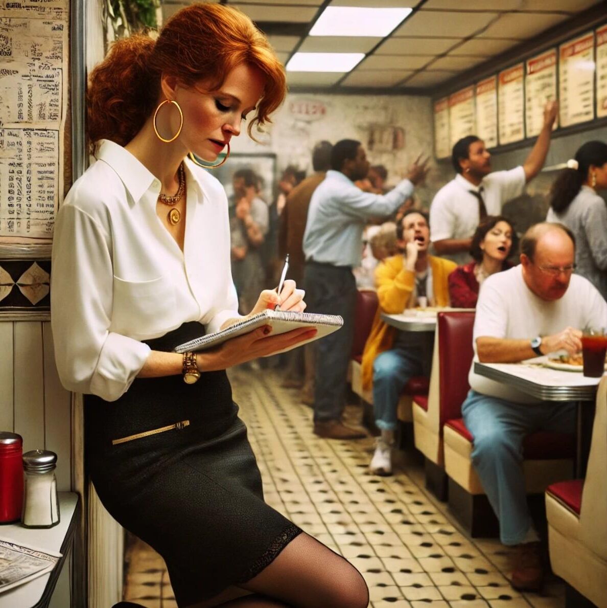 Redhead waitress at roadside diner (AI)