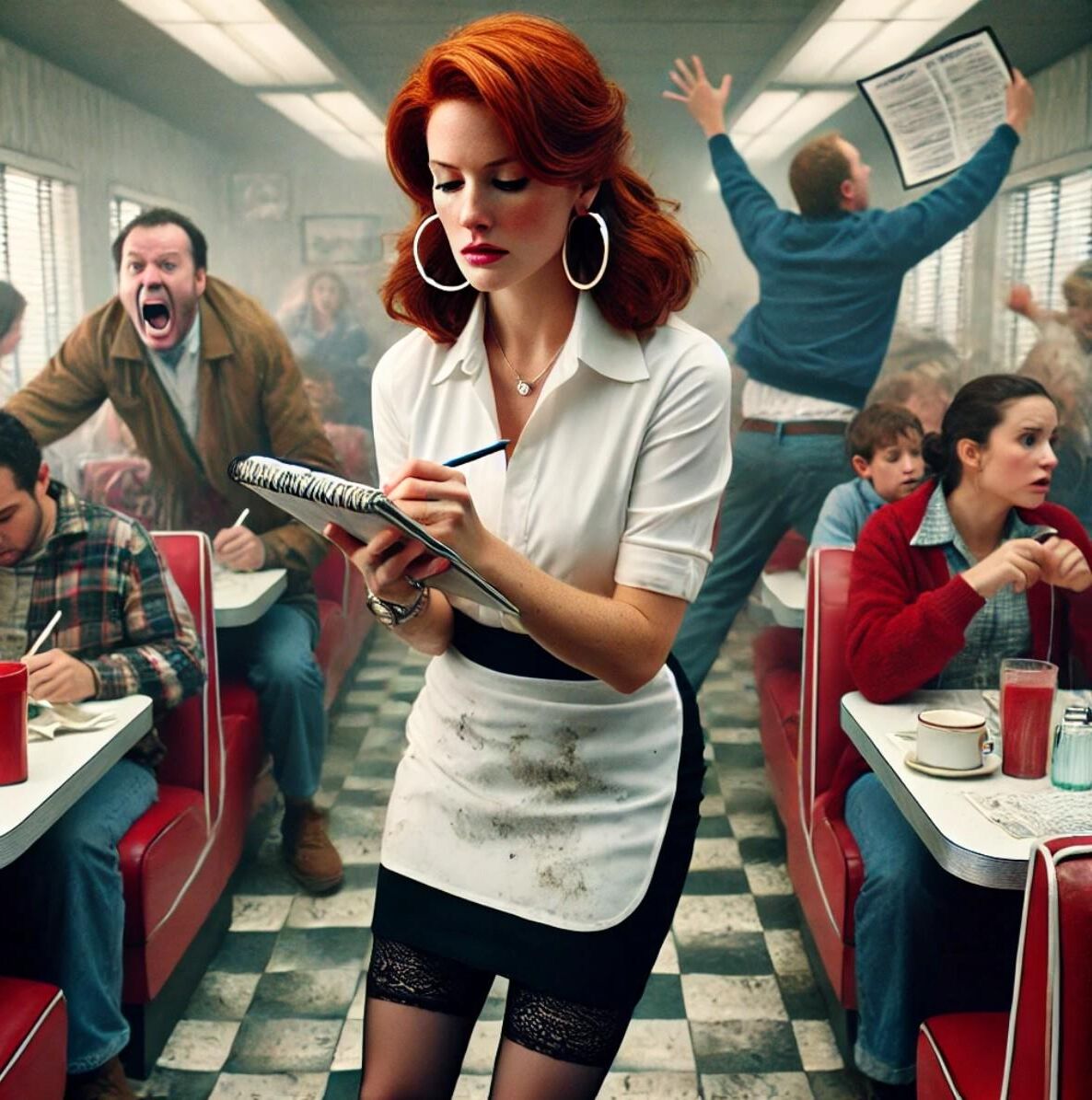 Redhead waitress at roadside diner (AI)