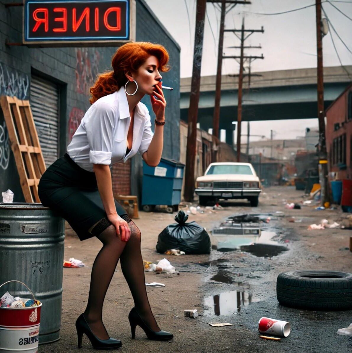 Redhead waitress at roadside diner (AI)