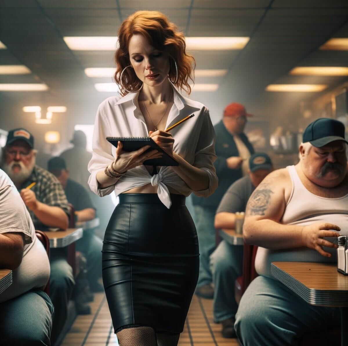 Redhead waitress at roadside diner (AI)