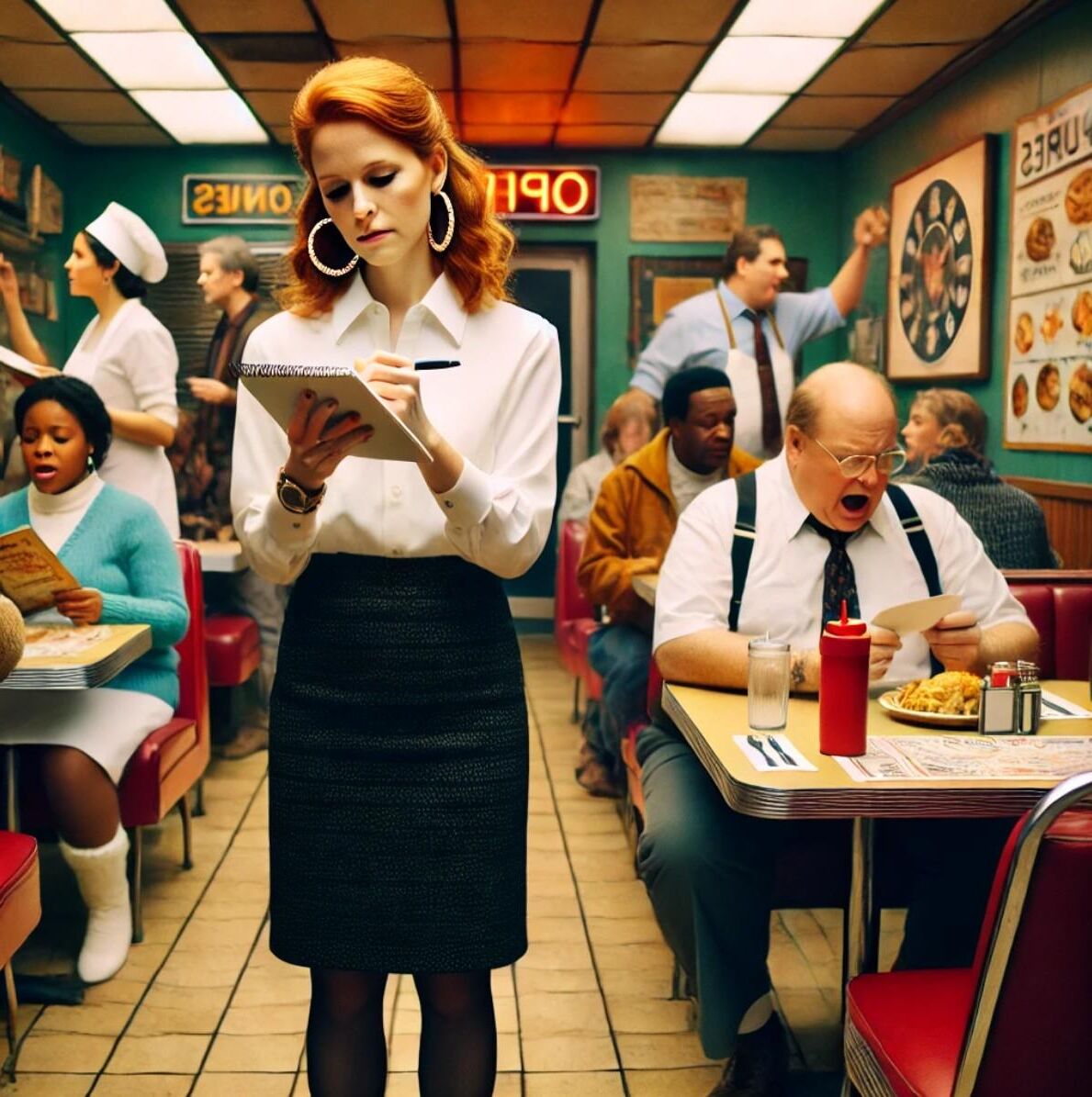 Redhead waitress at roadside diner (AI)