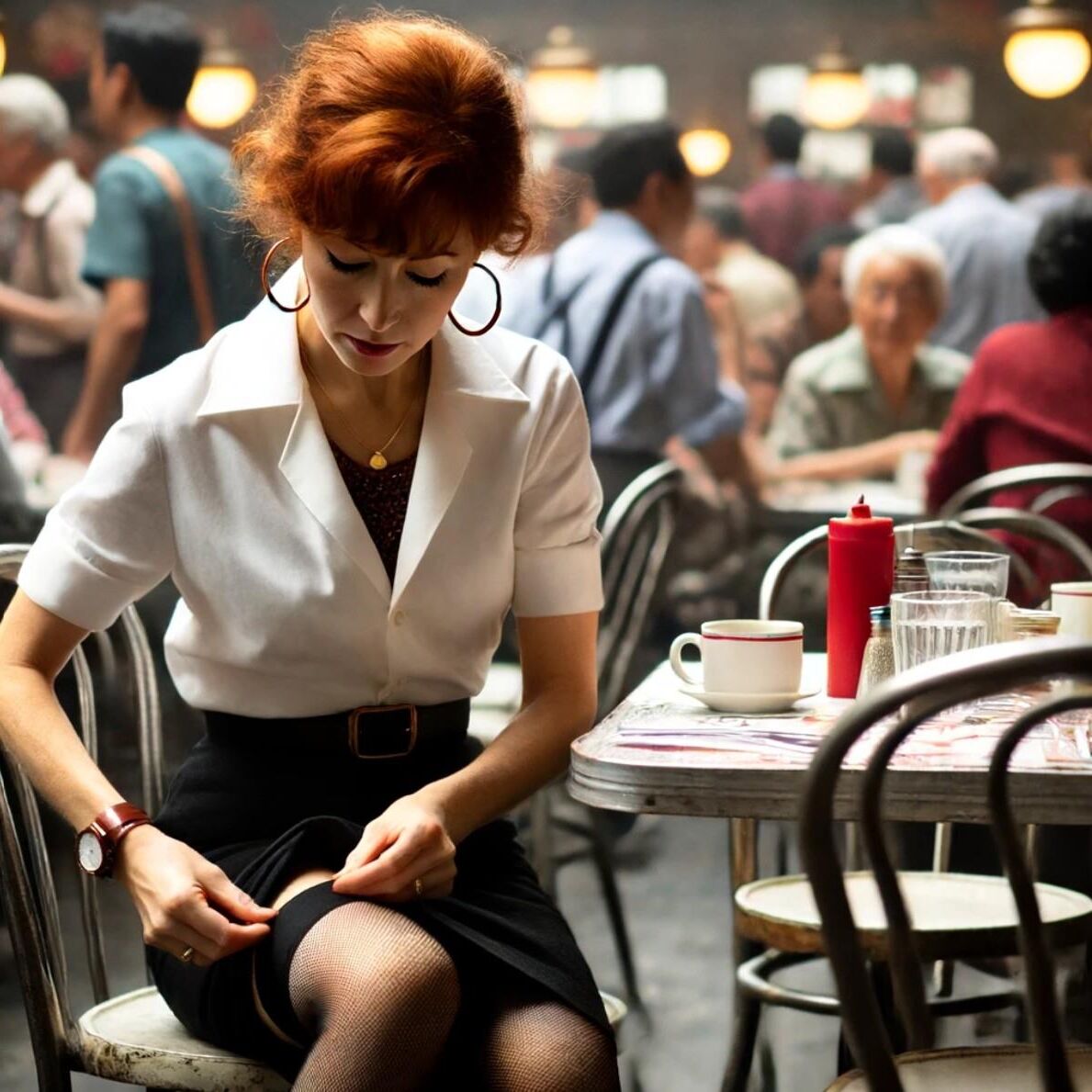 Redhead waitress at roadside diner (AI)