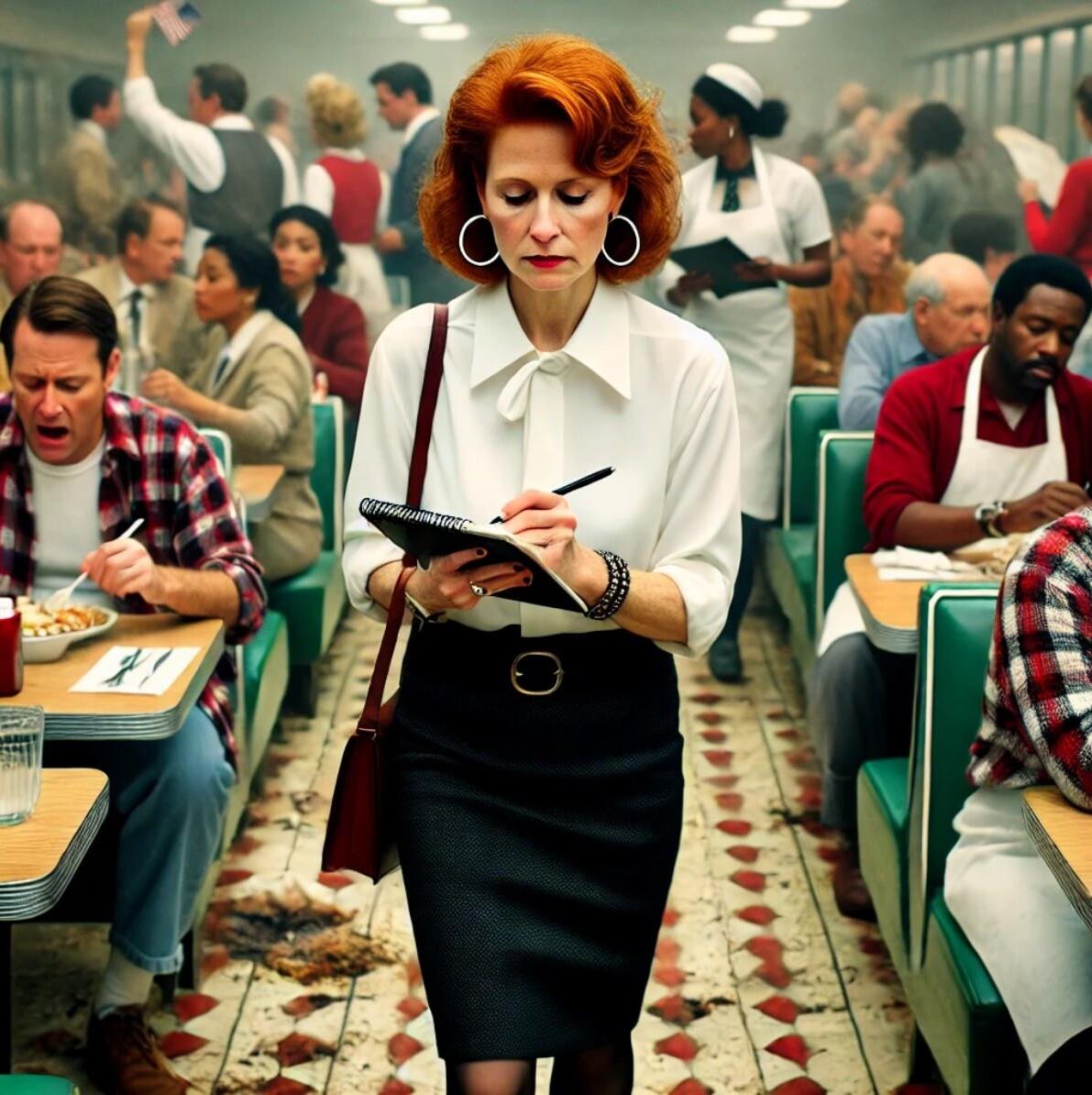 Redhead waitress at roadside diner (AI)