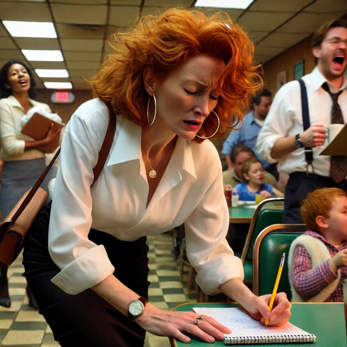 Redhead waitress at roadside diner (AI)