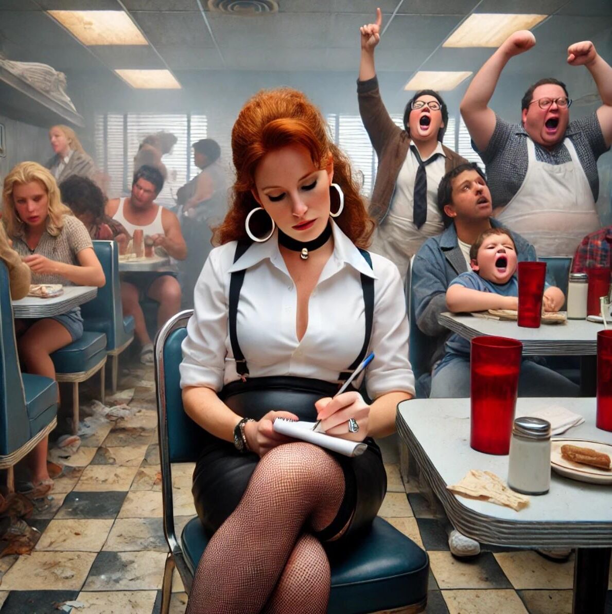 Redhead waitress at roadside diner (AI)