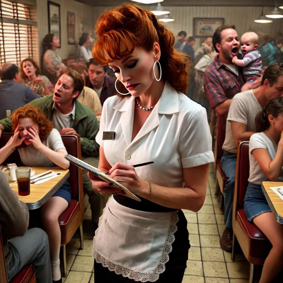 Redhead waitress at roadside diner (AI)