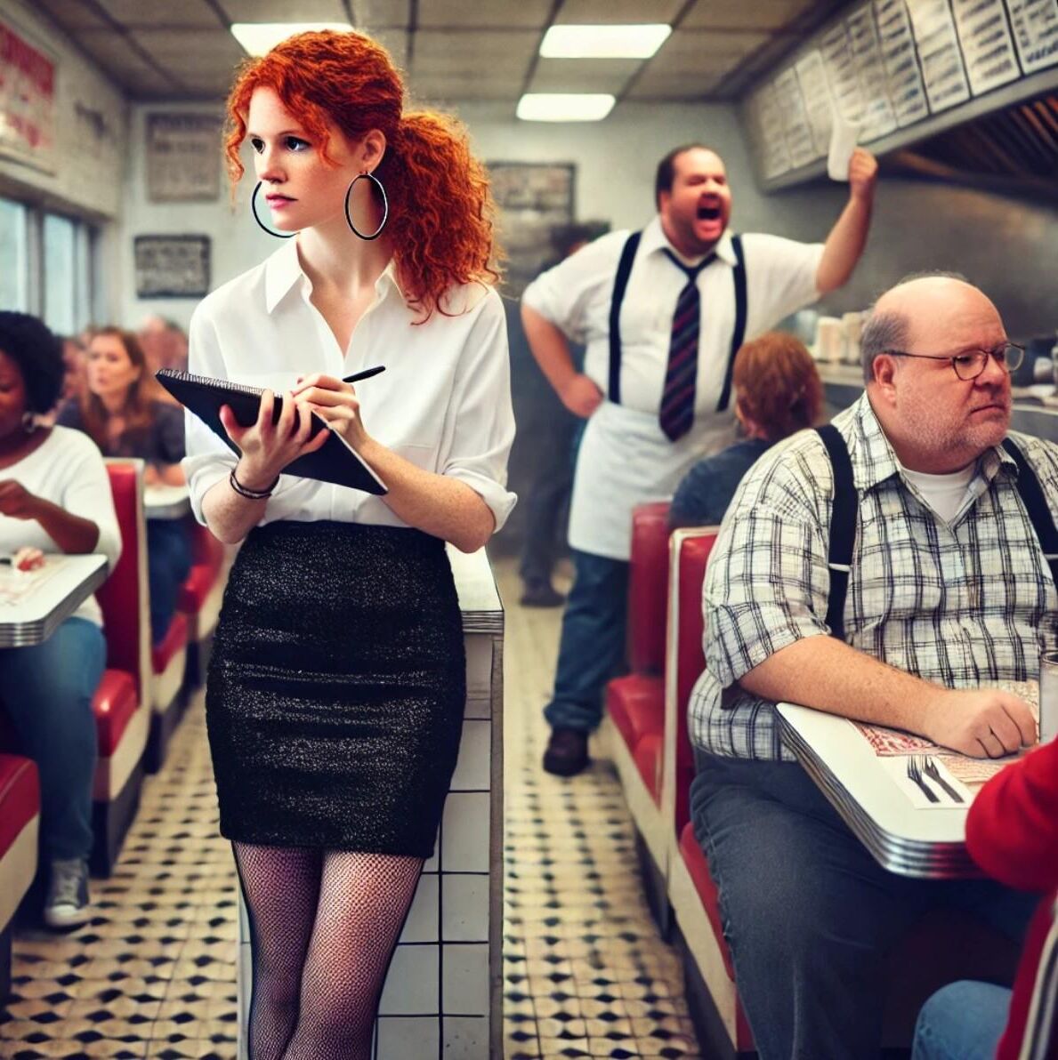 Redhead waitress at roadside diner (AI)