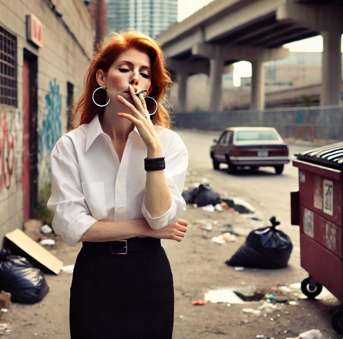 Redhead waitress at roadside diner (AI)