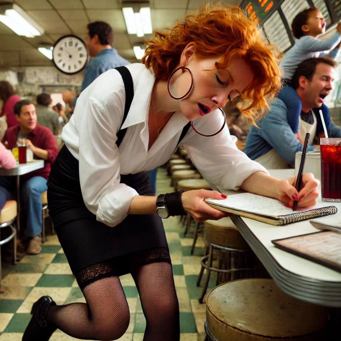 Redhead waitress at roadside diner (AI)