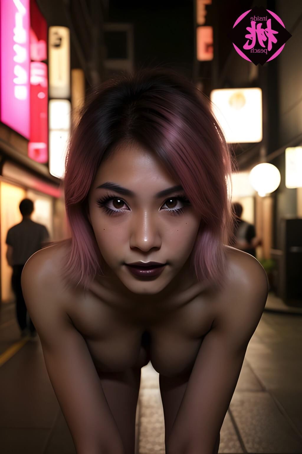 Gebräunte japanische Mädchen blinkenden Selfies in Tokio