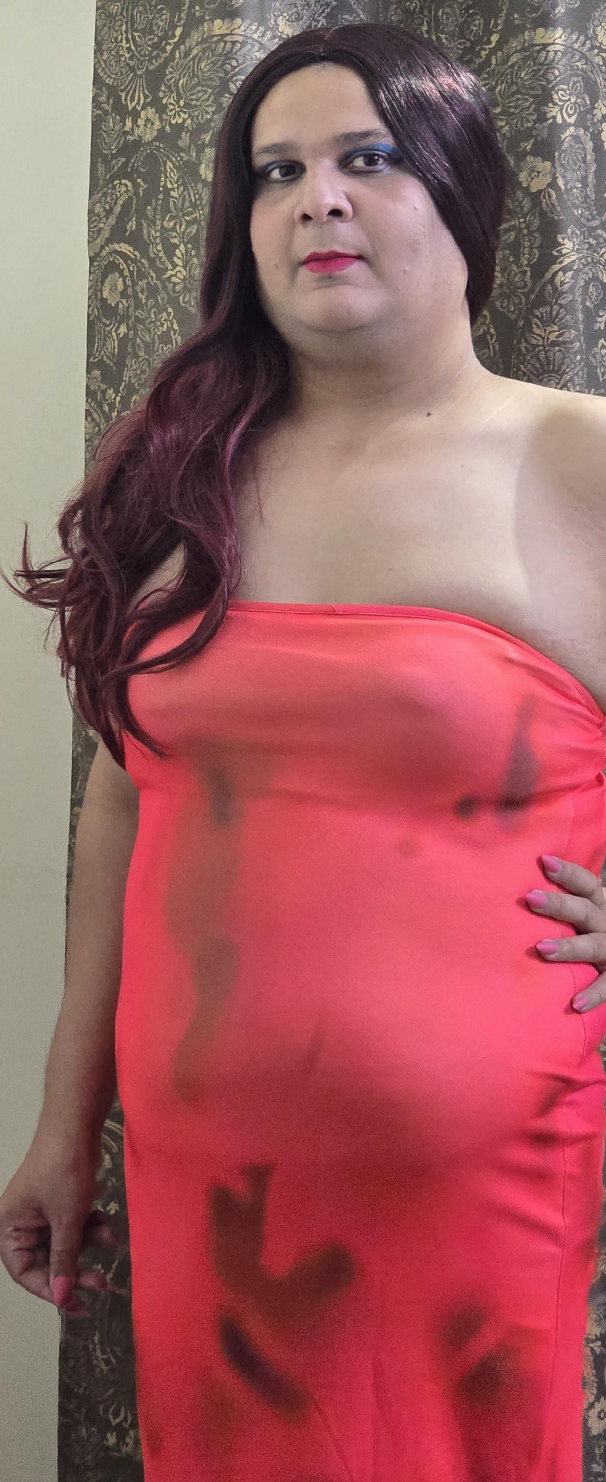 redhead shemale monica m in peach pink dress