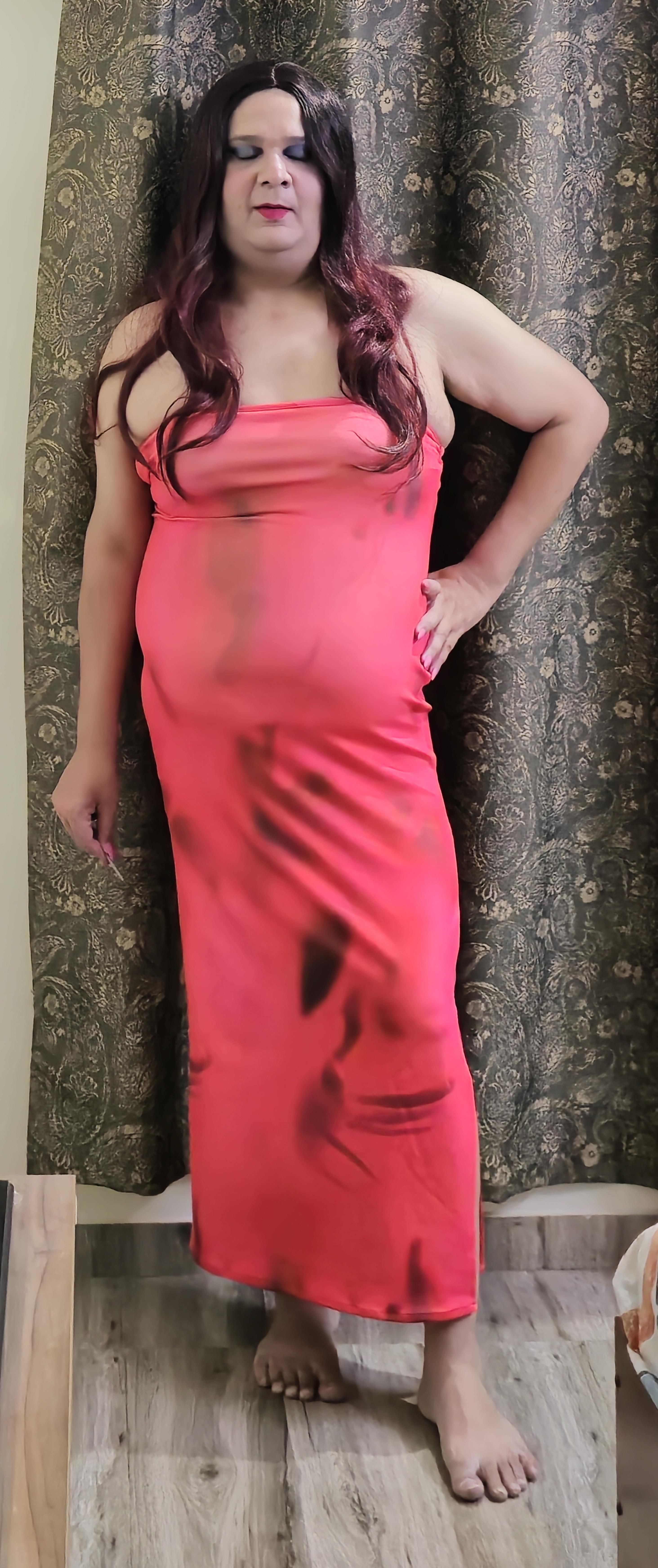 redhead shemale monica m in peach pink dress