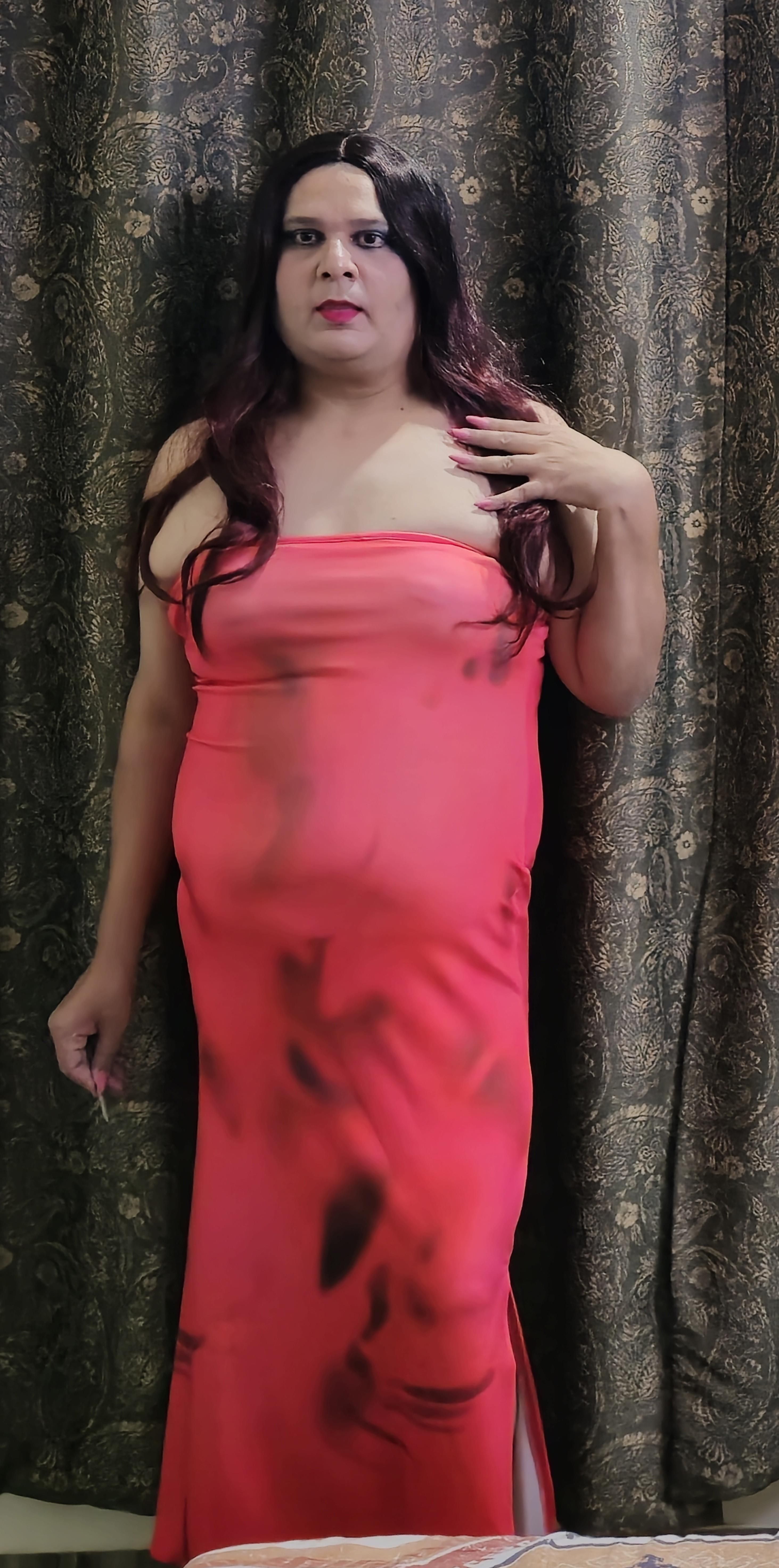 redhead shemale monica m in peach pink dress