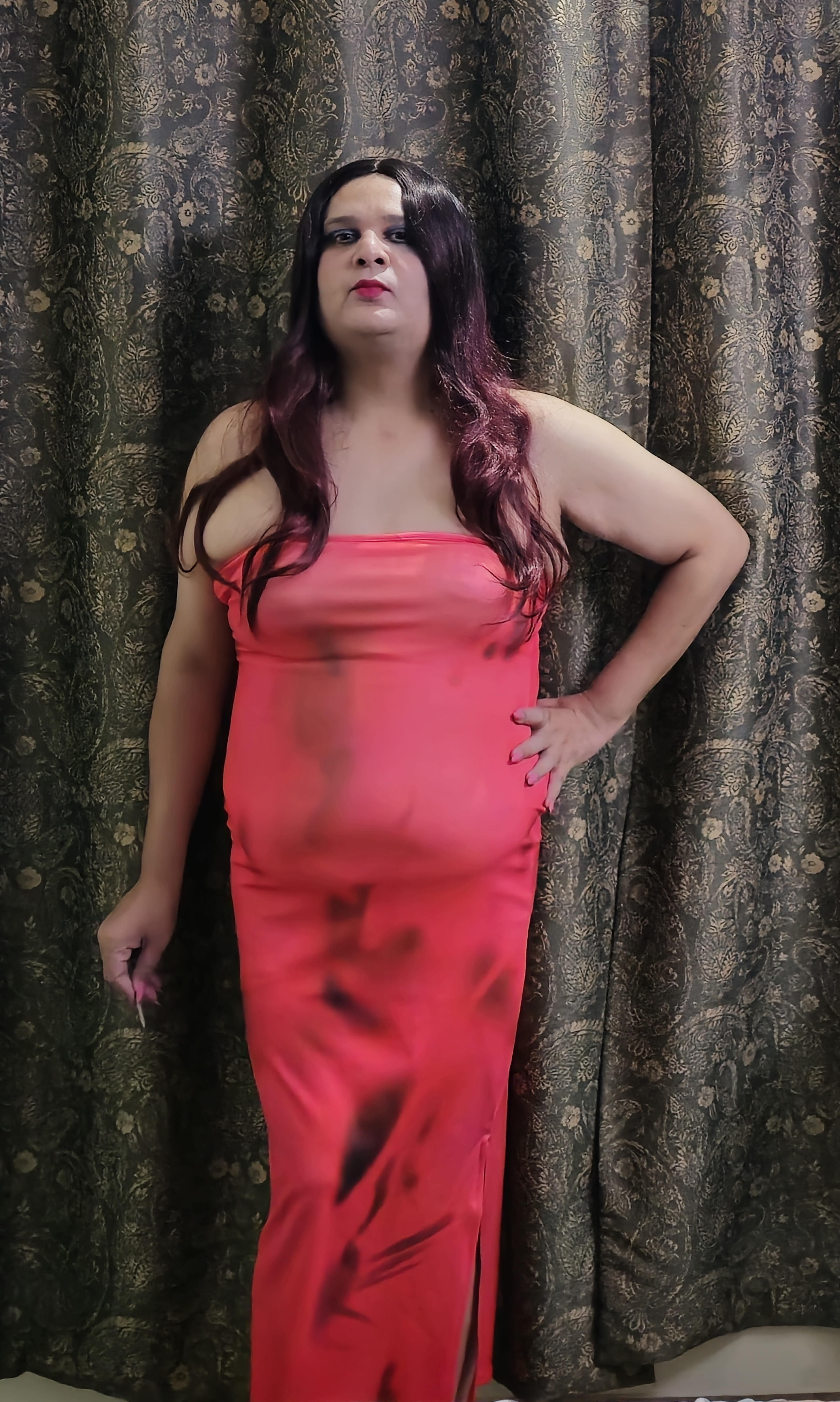 redhead shemale monica m in peach pink dress