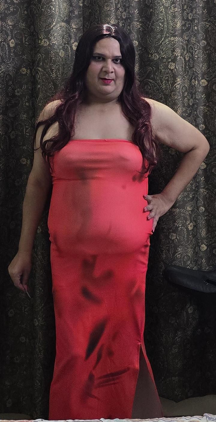 redhead shemale monica m in peach pink dress