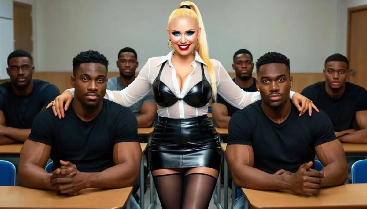 Professora loira da AI e seus alunos negros