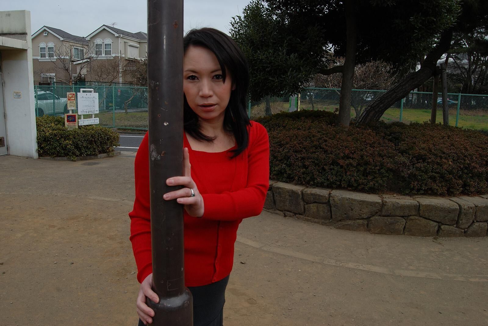 Tomoni Kawakami Mature Japanese Girl Outdoors in a Red Sweater