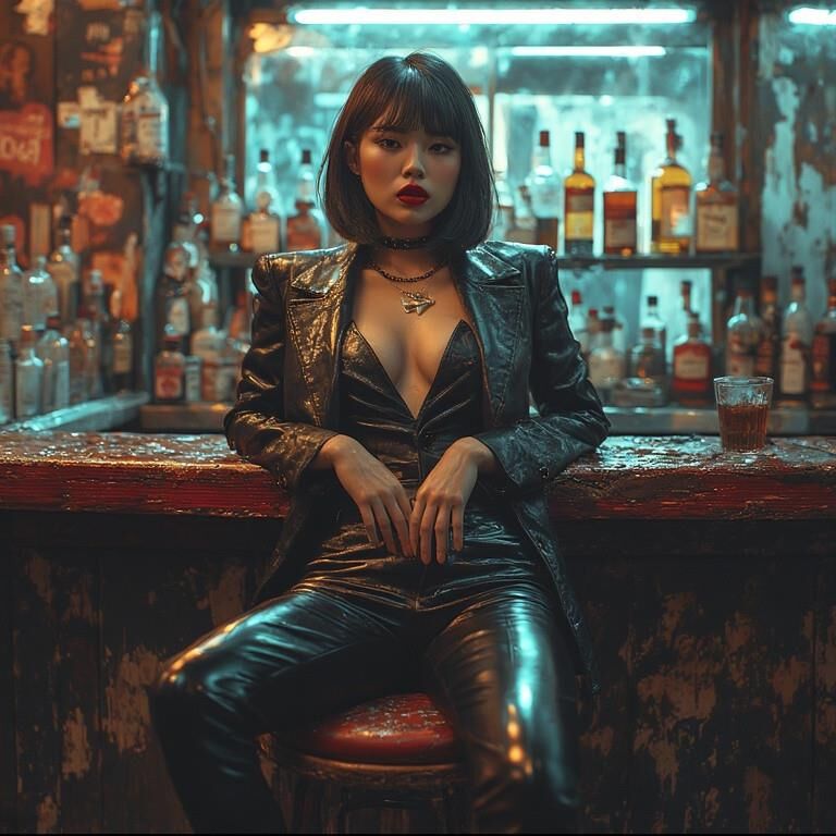 AI gerou damas asiáticas usando couro no bar