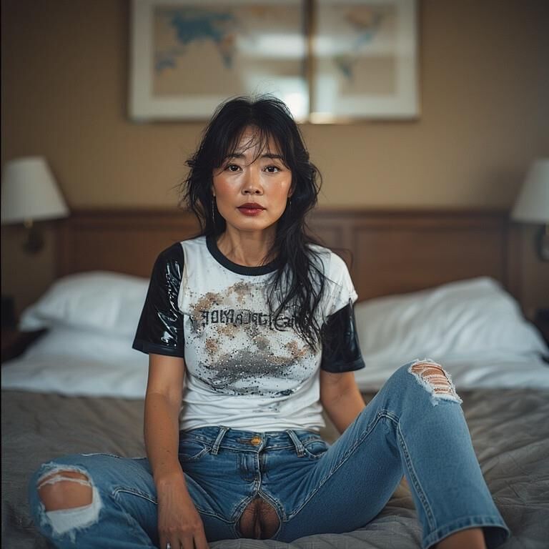 AI gerou damas asiáticas usando jeans sem gripes no hotel