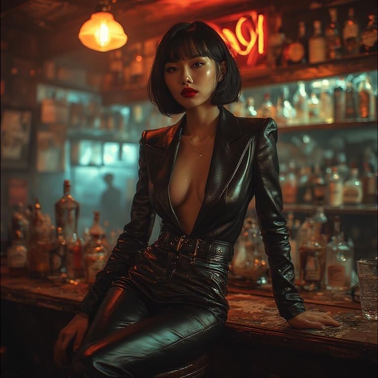 AI gerou damas asiáticas usando couro no bar