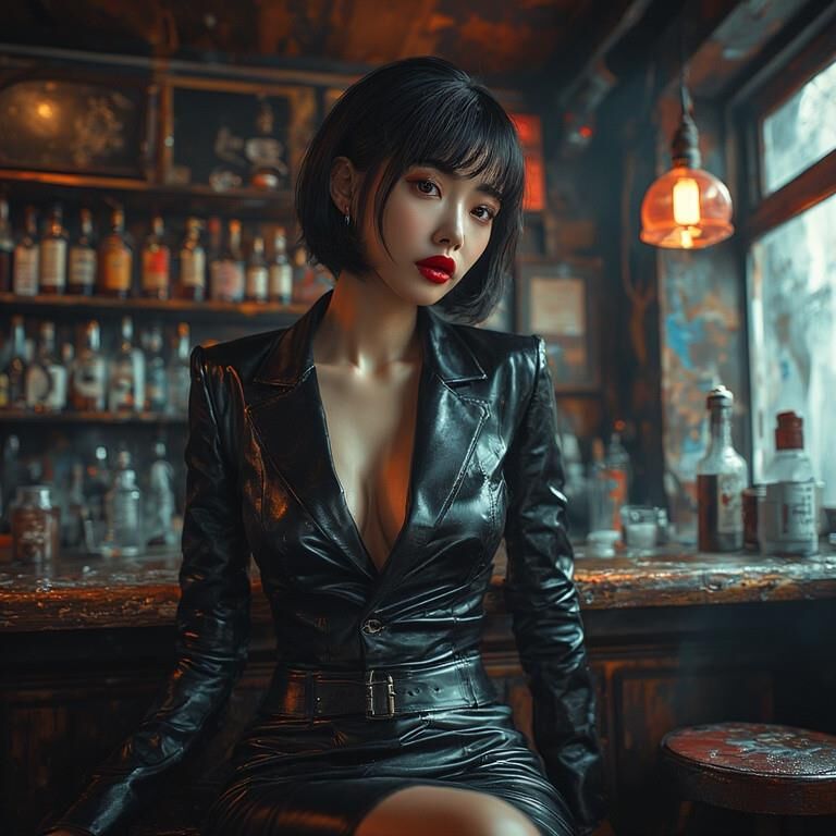 AI gerou damas asiáticas usando couro no bar