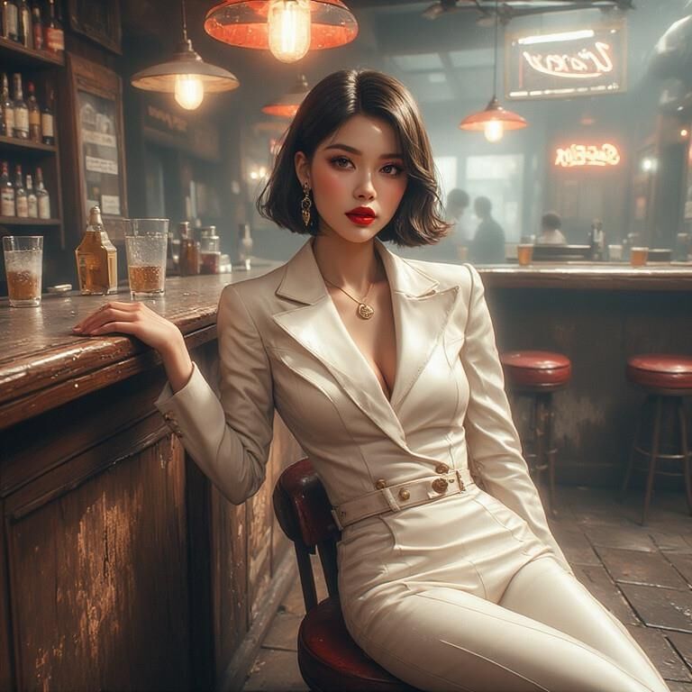 AI gerou damas asiáticas usando couro no bar