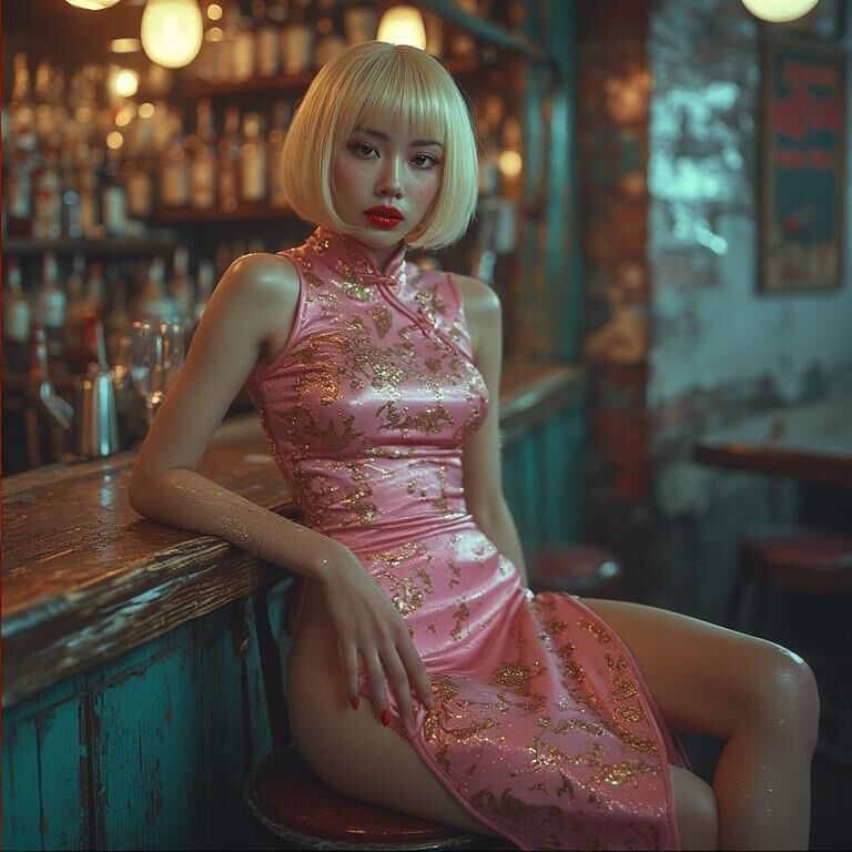 AI gerou damas asiáticas usando seda no bar