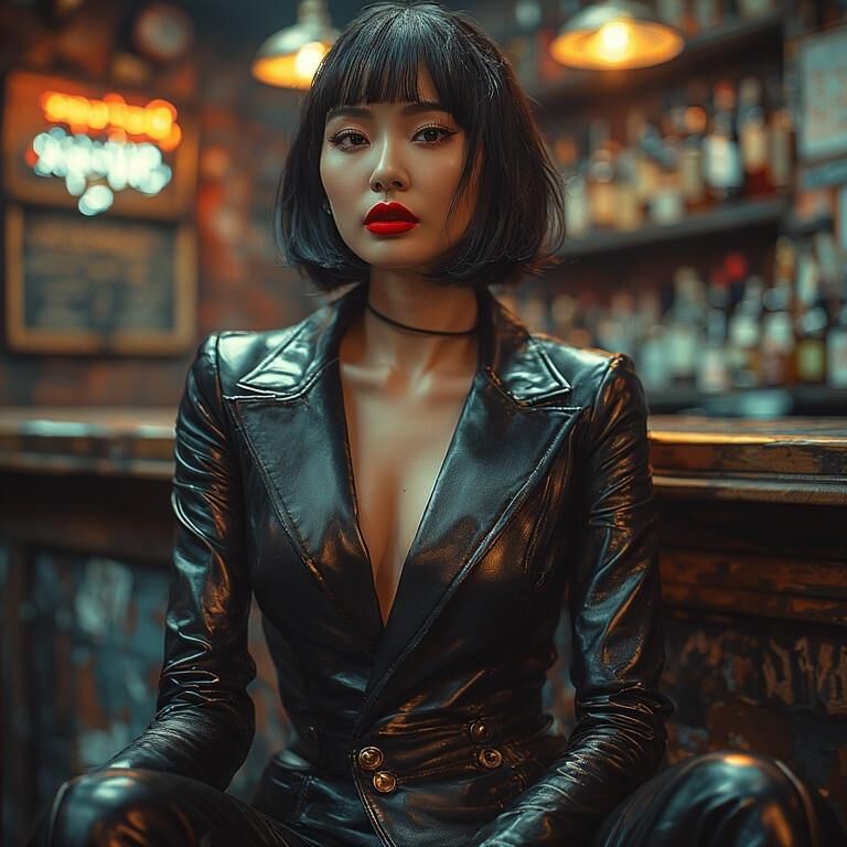 AI gerou damas asiáticas usando couro no bar