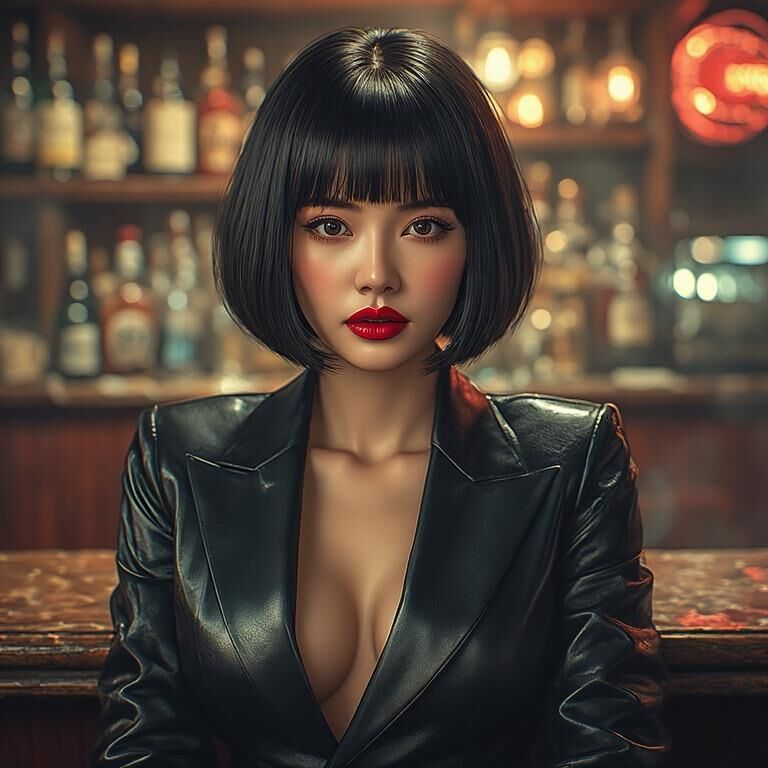 AI gerou damas asiáticas usando couro no bar