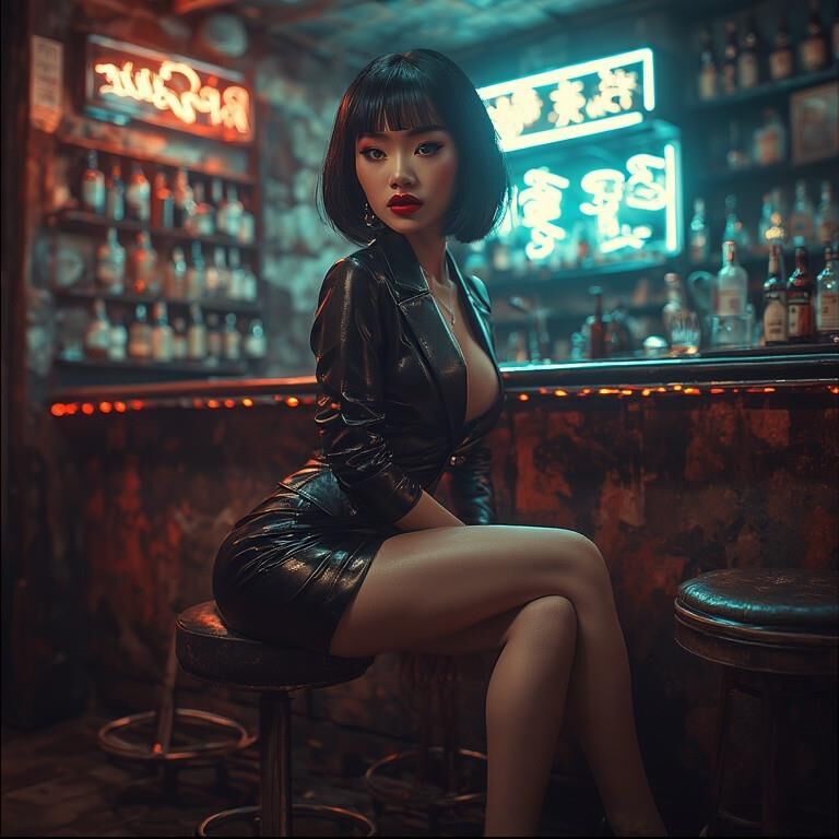 AI gerou damas asiáticas usando couro no bar