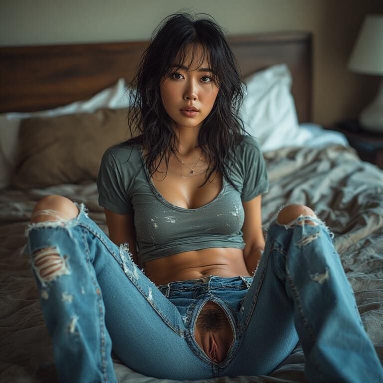AI gerou damas asiáticas usando jeans sem gripes no hotel