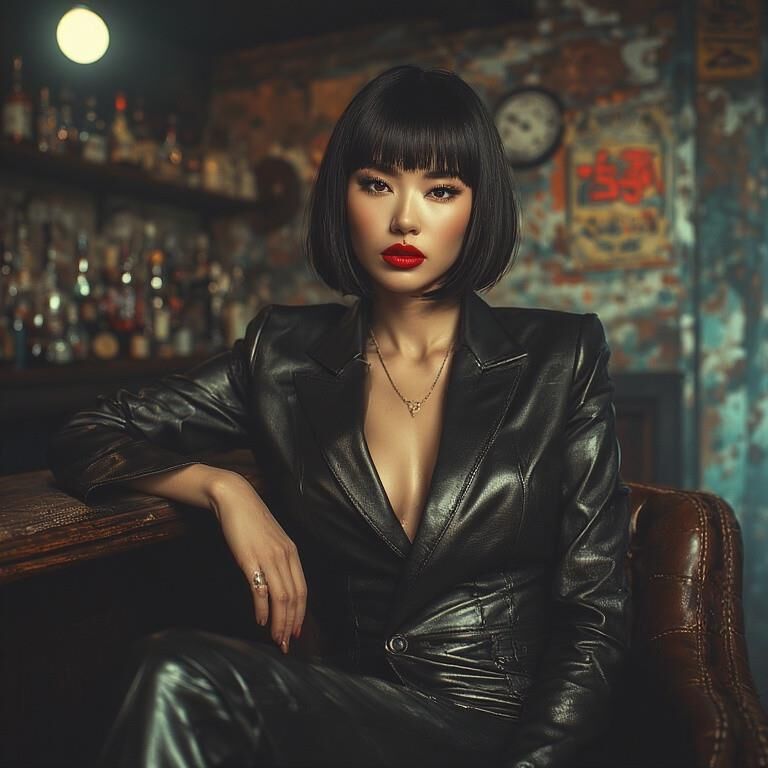 AI gerou damas asiáticas usando couro no bar