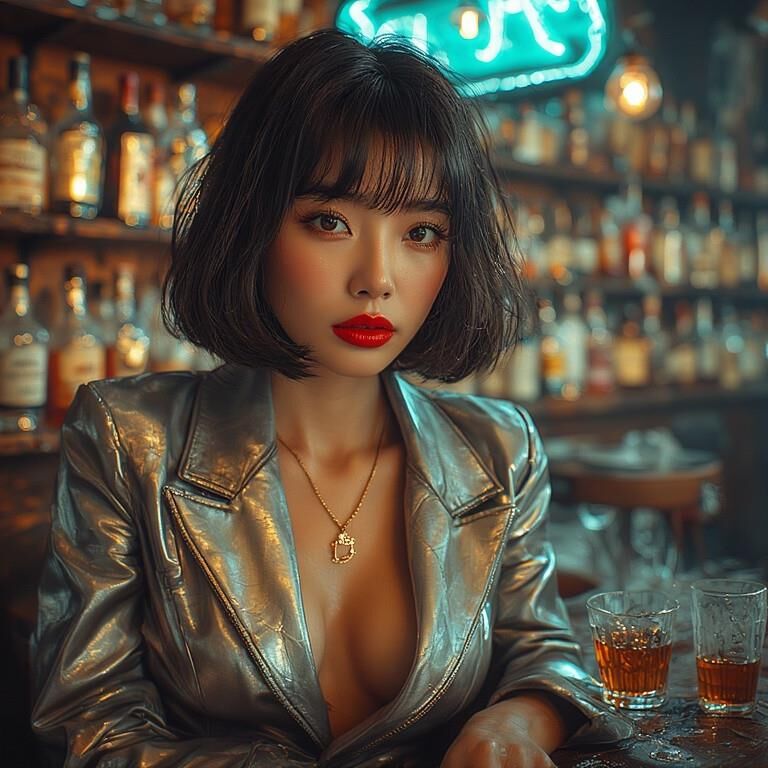 AI gerou damas asiáticas usando couro no bar
