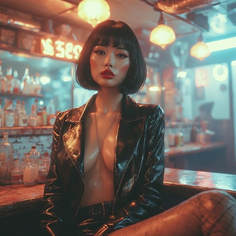 AI gerou damas asiáticas usando couro no bar