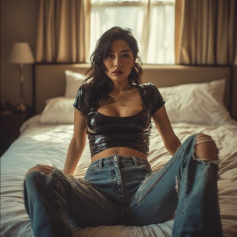 AI gerou damas asiáticas usando jeans sem gripes no hotel