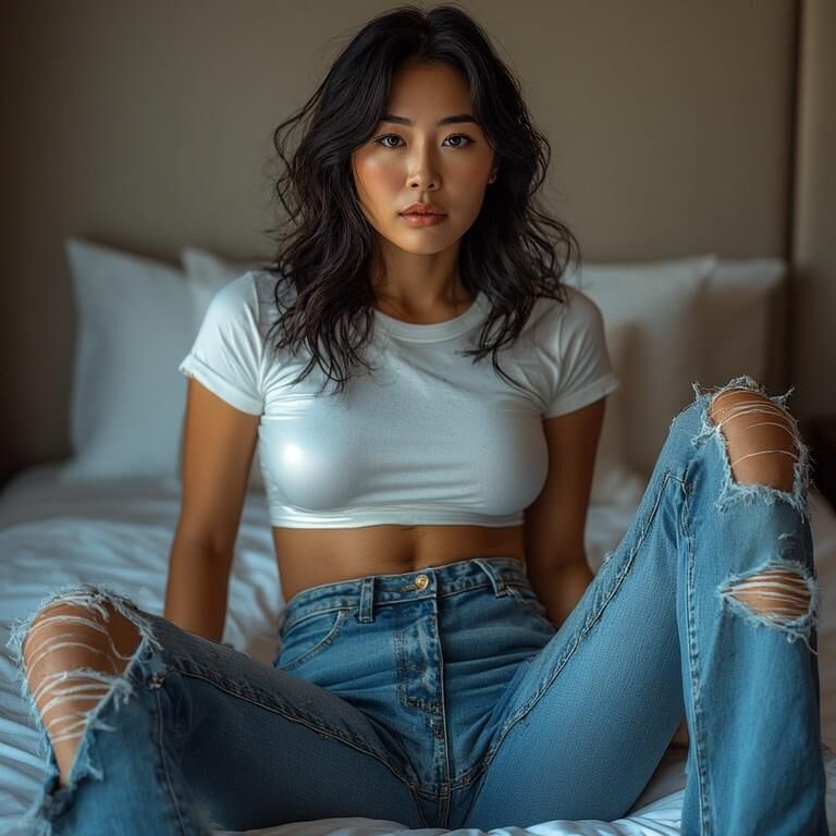 AI gerou damas asiáticas usando jeans sem gripes no hotel