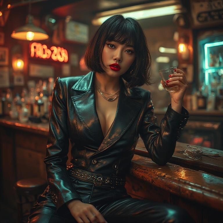 AI gerou damas asiáticas usando couro no bar