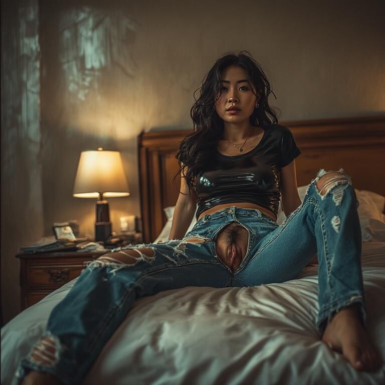 AI gerou damas asiáticas usando jeans sem gripes no hotel