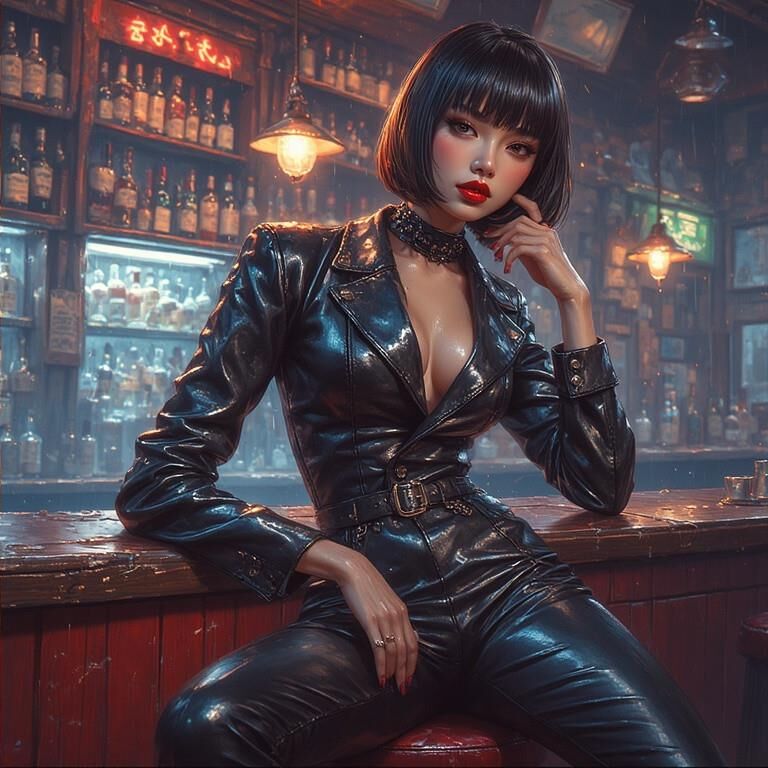 AI gerou damas asiáticas usando couro no bar