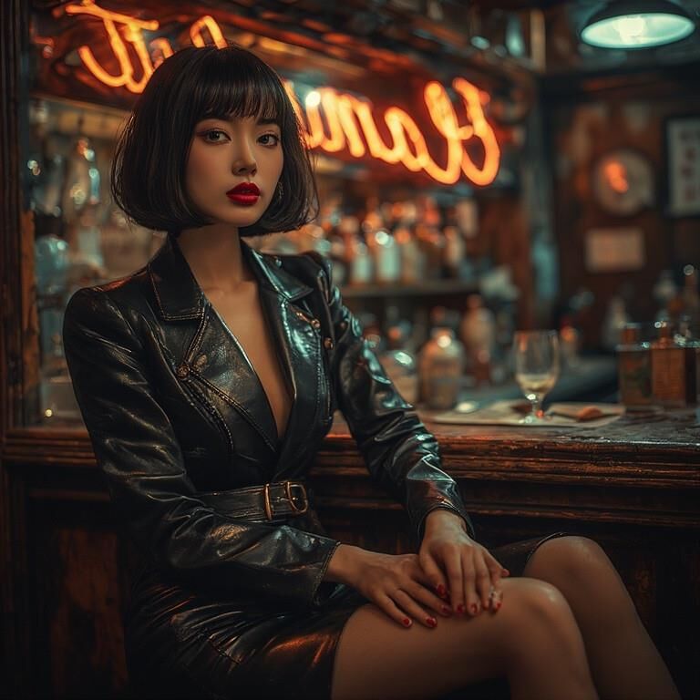 AI gerou damas asiáticas usando couro no bar